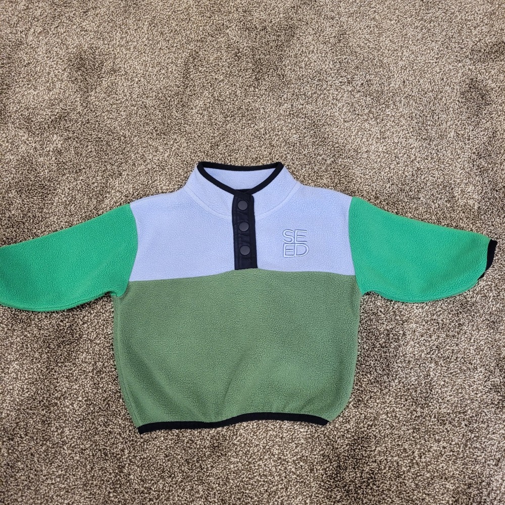 Seed Heritage Baby Fleece Pullover Colorblock Snap Neck Blue Green 12-18 Months